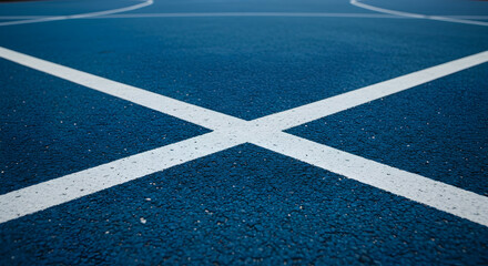 Fototapeta premium Basketball Court Lines On A Vibrant Blue Surface Capturing The Energy And Motion Of Outdoor Sports Competition And Playfulness In Urban Settings