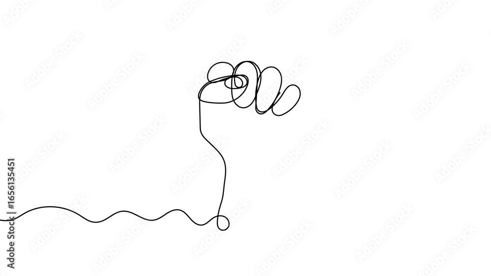 Poster animation of a single line drawing of a fist gesture. continuous contour movement of a fist gesture.