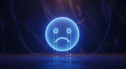 Neon blue sad face emoticon, glowing tears, dark background.