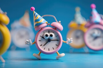 Animated pink alarm clock wearing party hat