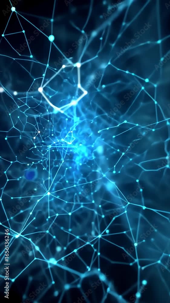 Poster abstract glowing blue interconnected lines and nodes forming a complex data network structure with d