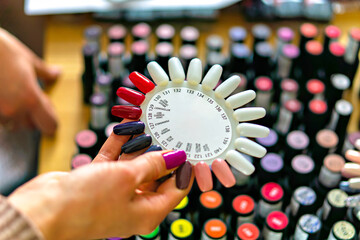 A person holding a circular object with a color wheel design which is typically used to help choose nail polish colors