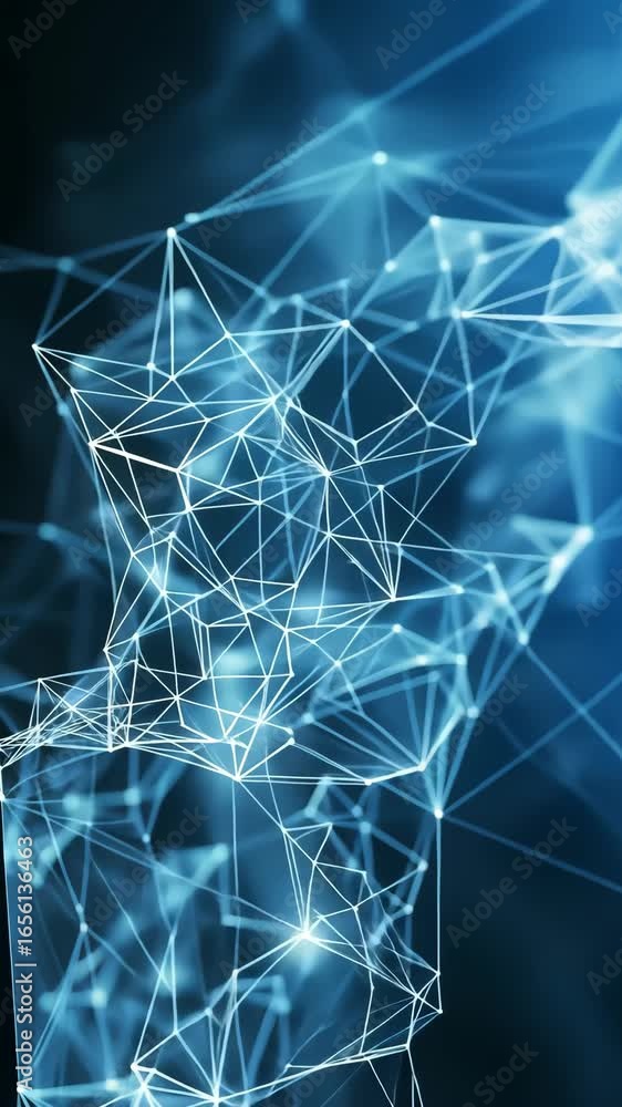 Poster abstract network connections with glowing blue nodes and lines, showing a complex digital structure 