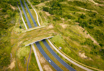 Aerial view of wildlife crossing eco-bridge over motorway, ecoduct linking natural habitats and infrastructure