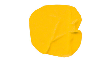 Yellow circle masking tape sticker with wrinkled edges, separate wrinkled round paper on transparent background.