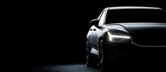 Luxury black sports car in low key lighting with dramatic shadows, sleek design concept showcasing elegance and performance in dark studio background, copy space