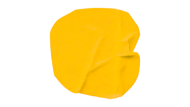 Yellow circle masking tape sticker with wrinkled edges, separate wrinkled round paper on transparent background.