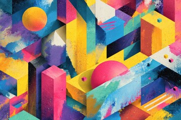 Colorful 3D geometric shapes creating a bold abstract composition of cubes, cylinders and prisms; dynamic digital artwork in a vibrant Memphis style design
