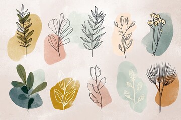 Modern minimalist botanical illustration set featuring stylized leaf shapes in pastel colors, abstract organic plant icons, elegant floral collection perfect for graphic design and decor