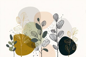 Minimalist botanical illustration with abstract plants and leaves, soft pastel colors and organic shapes; modern vector art featuring delicate line art and foliage silhouettes