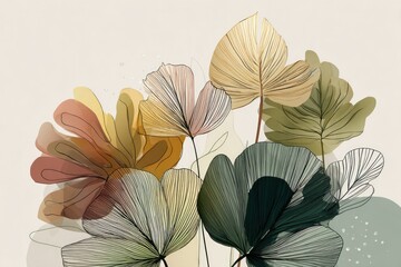 Elegant layered botanical leaves composition with overlapping translucent foliage in warm autumn colors, minimalist organic design, abstract art print illustration