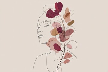 Minimalist continuous line art portrait of a woman with a floral branch, elegant modern boho design in neutral pastel tones, contemporary wall art illustration
