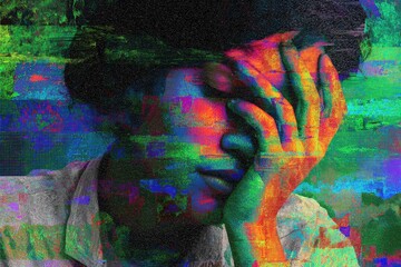 Abstract glitch portrait with vibrant neon colors, digital distortion and psychedelic effects, surreal head image in modern cyberpunk style representing digital chaos and emotion