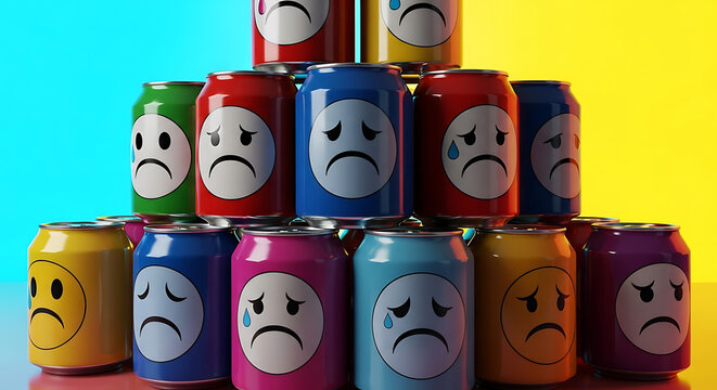 A pyramid of colorful aluminum beverage cans, each featuring a sad or crying emoji face against a bright, split-color background. - Powered by Adobe