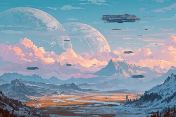 Pastel retro-futuristic landscape featuring flying ships and giant planet over serene mountains and sea horizon, dreamy digital illustration.