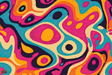 Retro psychedelic pattern with vibrant swirling shapes and bold colors, 1970s aesthetic digital illustration, trendy colorful stock design background.