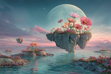Surreal floating island landscape with vibrant pink blossoms and lush greenery above turquoise waters and a pastel sunset sky, whimsical fantasy digital painting illustration, dreamy AI art