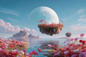 Surreal floating island landscape under a glowing moon with vivid flowers and calm water, whimsical fantasy digital illustration art