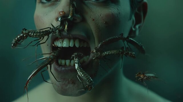 Insects are entering and exiting a screaming mouth and crawling on the face, creating a disturbing and surreal scene of entomophobia, parasitosis, or trypophobia