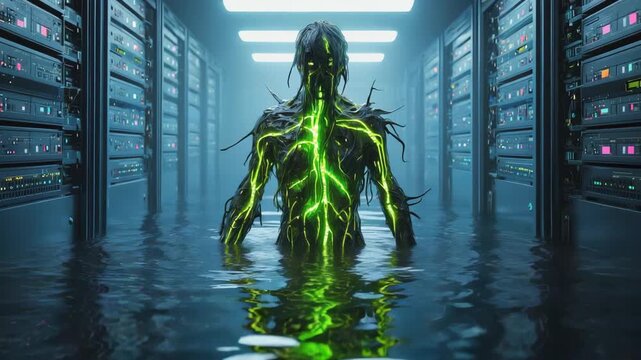 Emerging from dark water in a server room, a digital demon with glowing green veins embodies the dangers of technology and artificial intelligence