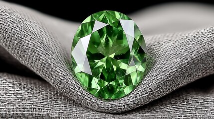 A stunning oval cut green gemstone resting on a textured gray fabric background