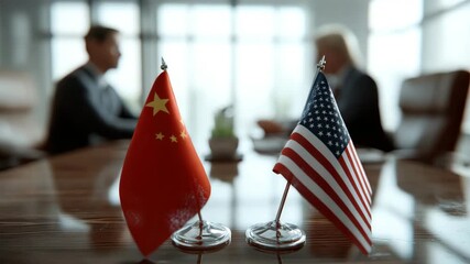 Symbolic Close-Up of China and USA Flags During Diplomatic Meeting