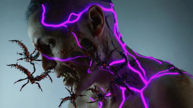 Insects crawling on screaming man's face and neck with glowing purple veins showing through skin, creating a creepy and surreal atmosphere of body horror and infestation