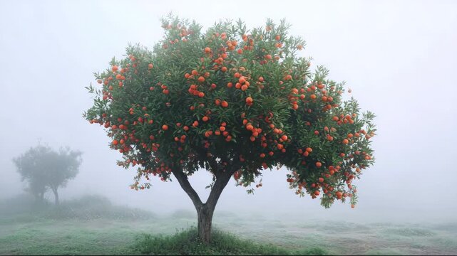 Orange tree with ripe fruit in foggy landscape at dawn,  captured as the natural essence behind essential oils of wild orange, neroli, petitgrain, citrus fruits, and orange juice