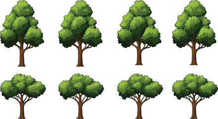 Fototapeta premium Collection of cartoon trees with lush green leaves and sturdy brown trunks, perfect for nature, forest, environment, landscape, garden, and outdoor-themed digital art or design.