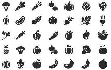 Fototapeta premium Collection of 30 black and white icons depicting various fruits and vegetables broccoli carrot