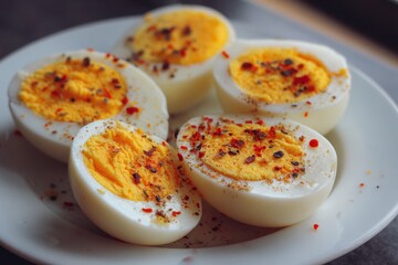 Soft boiled eggs cut in half with seasoning and herbs on plate. Closeup food photography. Breakfast and cooking concept. Design for poster, banner, greeting card, postcard, print.