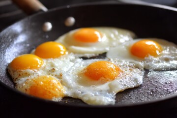 Six fried eggs with yolks cooking in skillet. Closeup food photography. Breakfast and cooking concept. Design for poster, banner, greeting card, postcard, print.