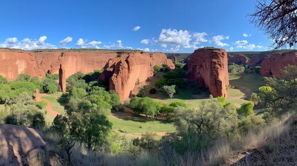 Vast Desert Canyon with Red Sandstone Cliffs and Winding River Reflecting Golden Light at Sunset, Dramatic 16:9 Cinematic Landscape
