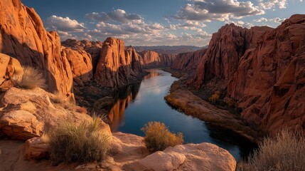 Obraz premium Vast Desert Canyon with Red Sandstone Cliffs and Winding River Reflecting Golden Light at Sunset, Dramatic 16:9 Cinematic Landscape 