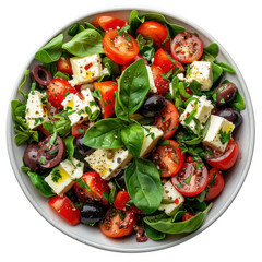 Flat lay Greek salad with feta and olives, white and transparent background