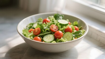Fresh mixed salad with cherry tomatoes, cucumbers, and greens in a white bowl on a sunlit countertop