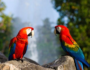 Two scarlet macaws on rocks near a waterfall