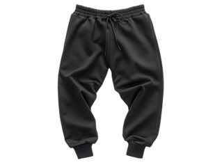 Dark grey sweatpants with drawstring waist and elastic cuffs isolated on transparent background