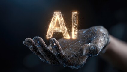 A technologically advanced hand, rendered in a mesh-like design, gently holds a glowing, golden AI inscription in mid-air.