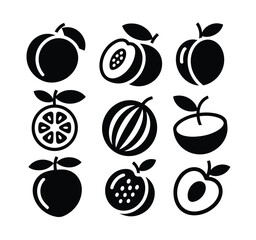 Set of nine black and white fruit icons with leaves and stems collection