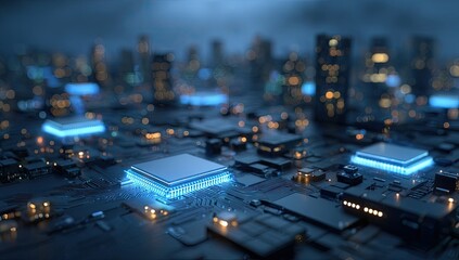 Futuristic cityscape circuit board with glowing chips.  Urban technological infrastructure.  Complex network of interconnected components.  Abstract representation of modern technology