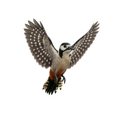 Picchio rosso maggiore (Dendrocopos major) in volo, isolato su sfondo trasparente &ndash; vista frontale 3/4 (intera figura)