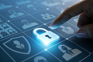 Finger touching digital security padlock on user interface