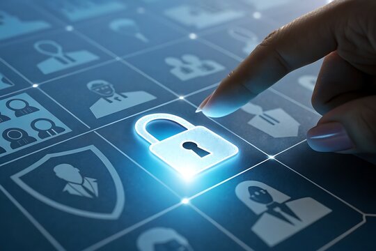 Finger touching digital security padlock on user interface