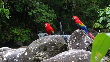Two scarlet macaws perched on rocks beside a jungle waterfall