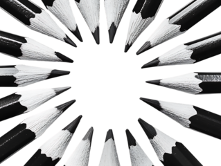 Close up radial arrangement of sharpened black pencils on a transparent background isolated on transparent background