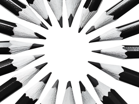 Close up radial arrangement of sharpened black pencils on a transparent background isolated on transparent background