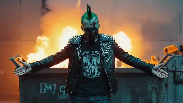 Punk-dressed zombie with green mohawk stands menacingly near a burning dumpster, emanating a post-apocalyptic, rebellious vibe with flames and smoke creating a dramatic backdrop