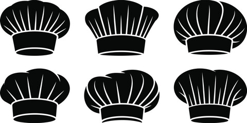Six black chef hat silhouettes with unique shapes and pleat designs, arranged in two rows, perfect for culinary, cooking, and restaurant branding themes