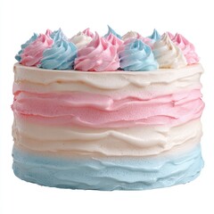 Round cake, layered with swirled pink, light blue, and white frosting.  Decorative swirls of pastel frosting atop